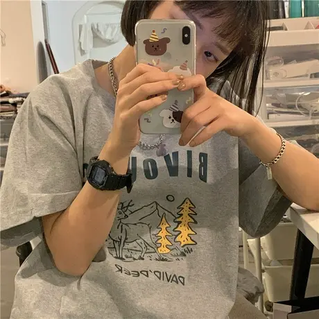 原创设计2023夏装新款宽松bf盐系少女牛角袖圆领短袖T恤女上衣ins商品大图