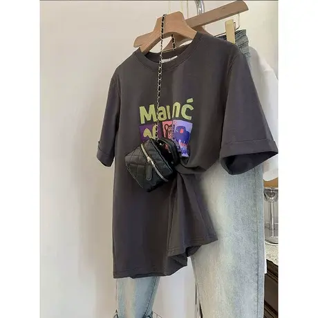 灰色印花正肩t恤女夏设计感小众体恤小个子宽松美式复古短袖上衣商品大图