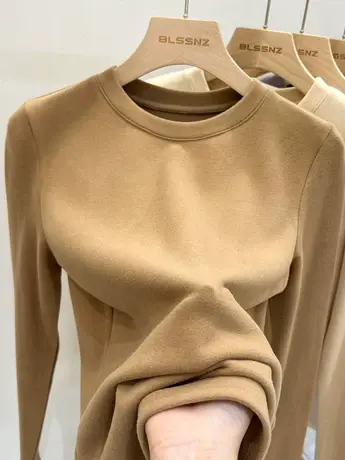 欧货圆领双面德绒打底衫女秋冬内搭加绒加厚保暖上衣基础长袖t恤商品大图