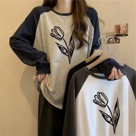 小众设计感插肩袖上衣女外穿德绒保暖打底衫秋冬加绒加厚长袖T恤商品大图