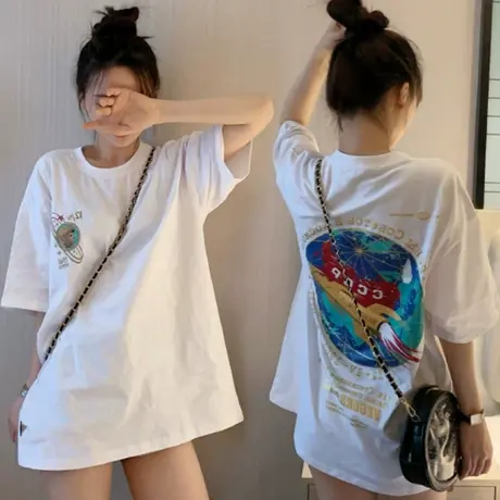 欧货t恤女潮ins宽松遮肉短袖2022新款胖mm大码欧美oversize上衣夏商品大图