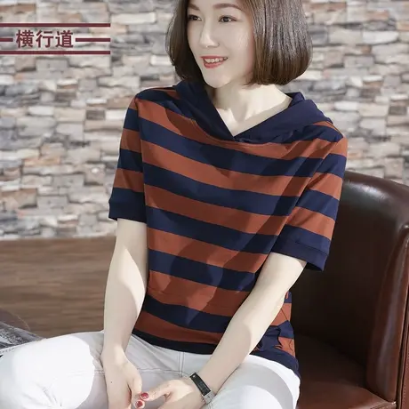 2025新款胖MMt恤女连帽短袖夏装条纹带帽上衣妈妈女士半袖打底衫商品大图