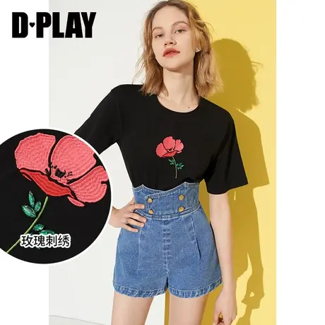 DPLAY夏新款ins风黑色圆领重工刺绣休闲小落肩短袖T恤商品大图