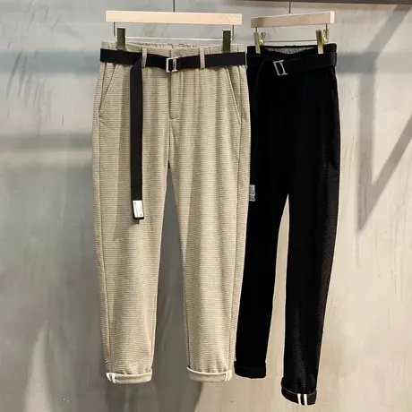 送腰带新款春秋季休闲裤男长裤哈伦裤韩版宽松青年华夫格小脚裤子商品大图