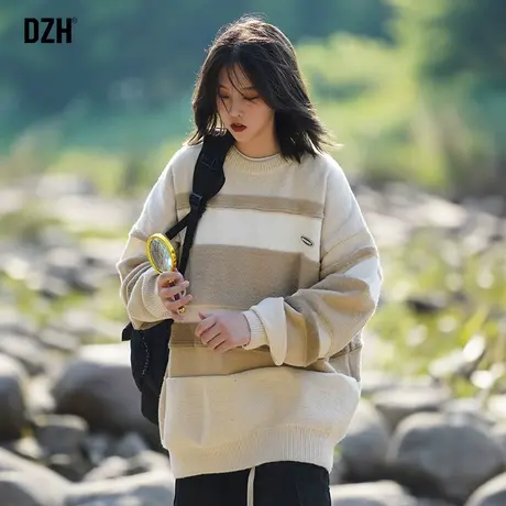 情侣条纹毛衣男秋冬宽松慵懒风长袖针织毛线衣圆领情侣装2023新款商品大图