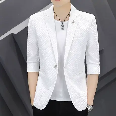 夏季七分袖西装男韩版防晒镂空白色男小西服网红中袖薄款休闲外套图片