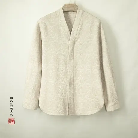 秋冬新款男长袖衬衫中国风棉麻提花中式麻料上衣服大码男装打底衫图片