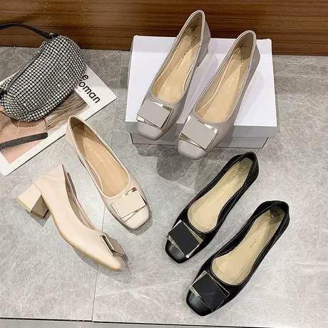 永希单鞋女2025年新款春季气质方头粗跟浅口高跟女中跟百搭时装鞋图片