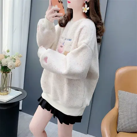 高级感加绒加厚羊羔毛卫衣外套女2023新款秋冬宽松慵懒风百搭上衣图片