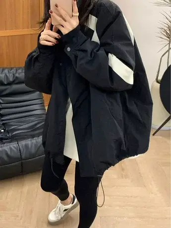 秋冬新款慵懒风冲锋衣外套女黑白撞色休闲百搭加厚棉衣防风夹克潮商品大图