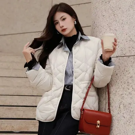 坦博尔2023年新款90鸭绒新款菱格羽绒服女短款收腰外套商品大图