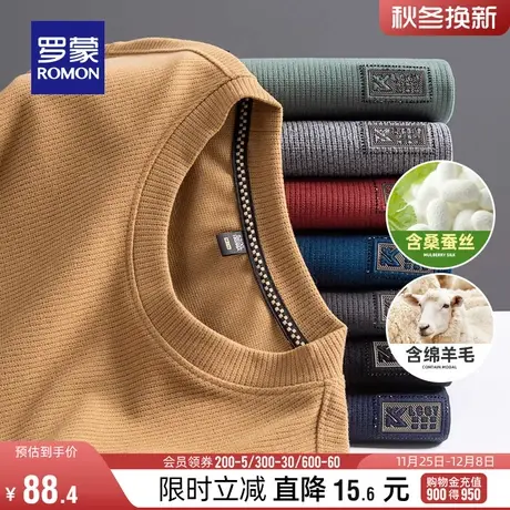 【含绵羊毛+桑蚕丝】罗蒙男士休闲卫衣2024春季新款磨毛圆领上衣图片