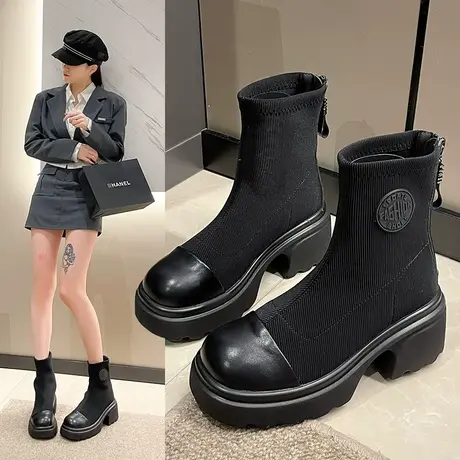 高跟鞋靴子女粗跟短靴2023新款春秋单靴厚底弹力瘦瘦靴黑色马丁靴图片