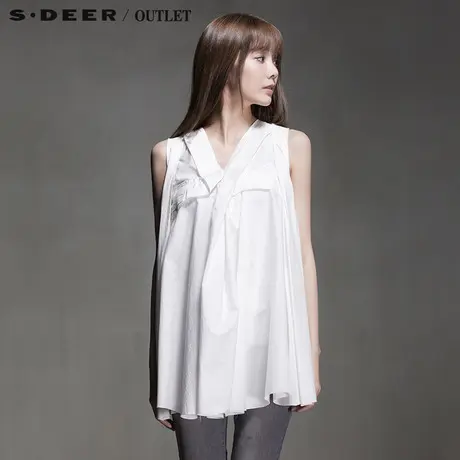 sdeer【上新】圣迪奥女禅意愫白宽松无袖雪纺上衣衬衫S15280624图片