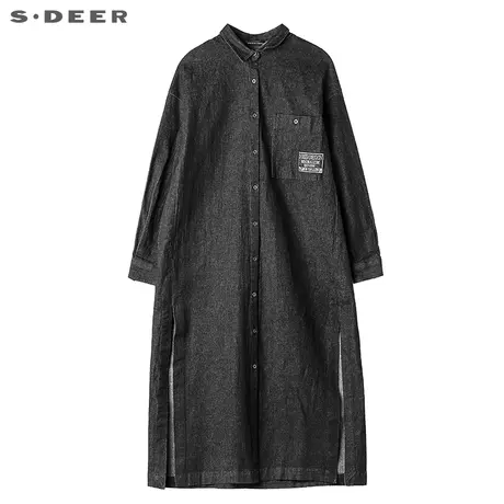 sdeer圣迪奥2019春装街头潮开叉字母贴布长袖牛仔衬衫女S17380573😏图片