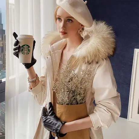 【直播】粉红大布娃娃时尚带毛领中长款羽绒派克服商品大图