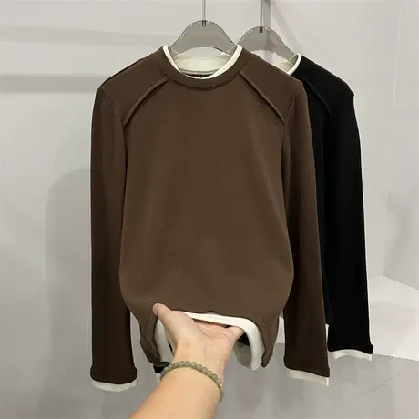 欧货宽松拼接撞色假两件T恤女秋冬打底衫设计感小众加绒保暖上衣商品大图