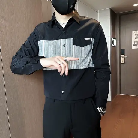 长袖衬衫男2023新款拼色拼接高级感痞帅休闲衬衣发型师秋装上衣商品大图