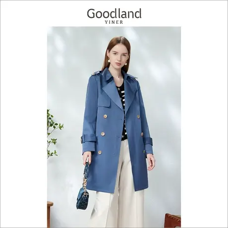 *Goodland女装2023春季牛仔蓝复工英伦双排扣风衣商品大图