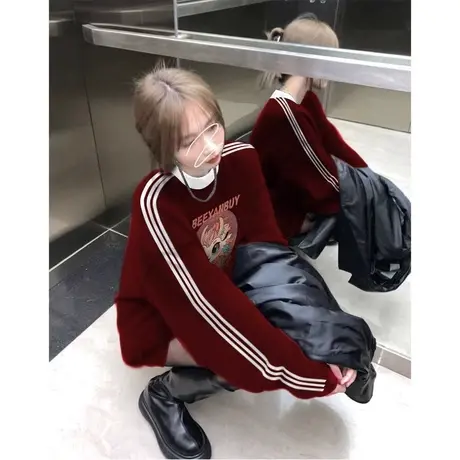 美式风休闲爆款宽松龙年本命年2024年新款酒红色卫衣女秋冬新年款商品大图