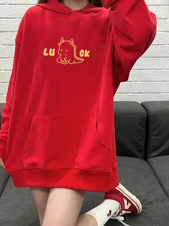 设计款袋鼠兜红色连帽卫衣女2024新年过年宽松美式加绒冬季上衣潮商品大图