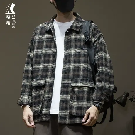 希越纯棉休闲衬衫男2024春季宽松大码男士格子衬衣高级感加绒外套商品大图
