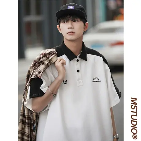 夏装薄款宽松撞色翻领POLO衫男短袖T恤情侣潮流简约透气休闲半袖商品大图