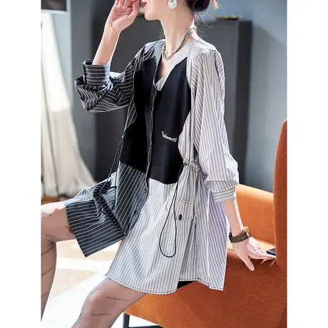 宝诗黎V领针织条纹拼接衬衫2024春季抽绳收腰新款宽松休闲上衣女商品大图