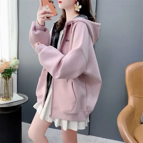 连帽休闲开衫卫衣外套女春季2024年新款宽松复古格子拼接炸街上衣商品大图