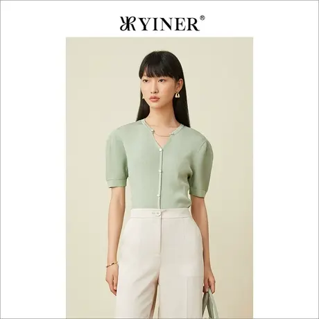 YINER音儿女装夏季时尚金属链条小V领短袖针织开衫商品大图
