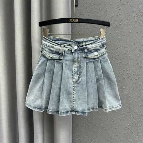 学院风牛仔半身裙女2024春季新款浅蓝色高腰防走光百褶a字短裙潮图片