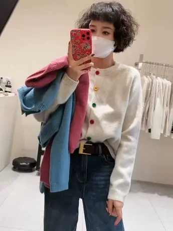 欧货软糯糖果色单排扣针织开衫女秋冬慵懒风时尚减龄内搭毛衣外套商品大图