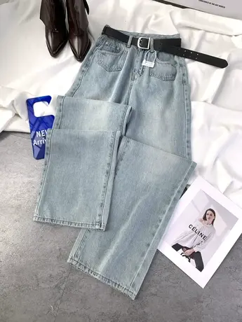 小口袋磨白欧版牛仔阔腿裤2024春新款显瘦百搭高腰宽松垂感直筒裤商品大图