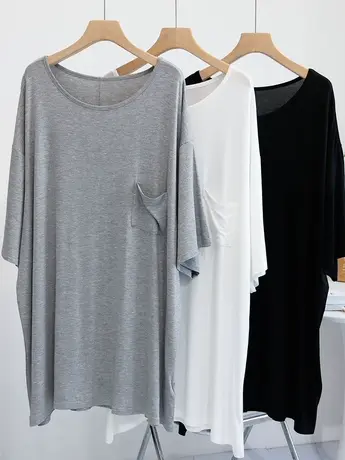 慵懒风大圆领中长款莫代尔T恤女款夏季裙大码宽松气质睡裙孕妇裙图片