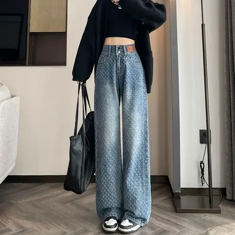 牛仔裤女宽松直筒阔腿裤2024春秋高腰提花加长高个子印花拖地裤子图片