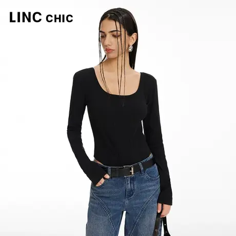 LINCCHIC金羽杰2024年春季新品性感宽U领修身长袖T恤女S241FK046Y图片