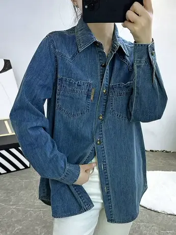 休闲百搭牛仔衬衫女长袖春秋季新款内搭上衣韩版宽松叠穿衬衣外套商品大图