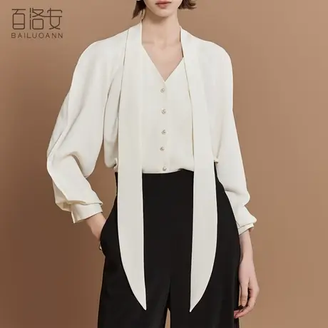 百洛安法式V领飘带上衣女别致长袖衬衣2024春装新款通勤百搭衬衫商品大图
