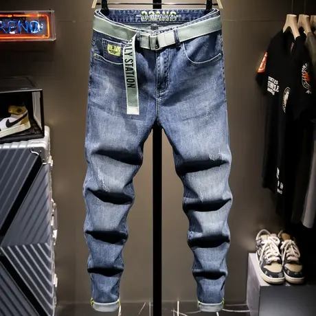 秋冬款浅色潮牌高档牛仔裤男直筒破洞男士韩版潮流长裤子显瘦修身商品大图