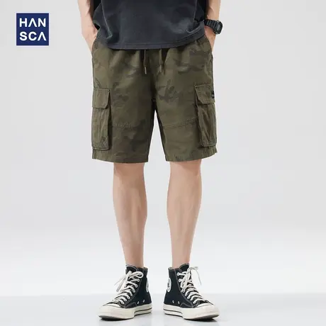 hansca纯棉休闲短裤男宽松直筒夏季美式复古迷彩军绿色工装五分裤商品大图