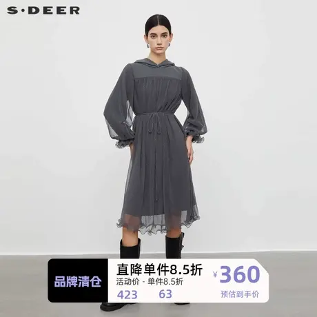 sdeer圣迪奥女装休闲连帽收腰网纱卫衣连衣裙S233D1201图片