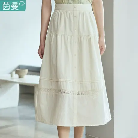 茵曼文艺气质半身裙女2024年夏季新款松紧腰镂空花边拼接A字裙子图片