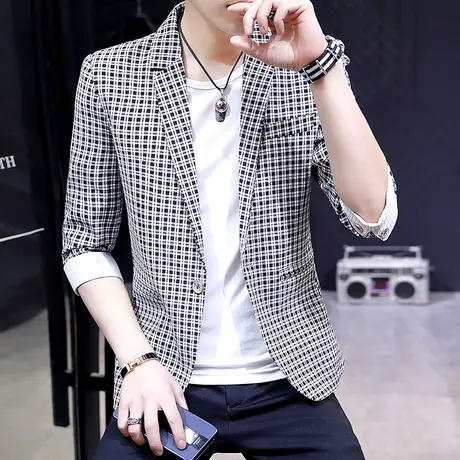 男士中袖西服夏季韩版薄款格子七分袖修身小西装潮流休闲男装外套商品大图