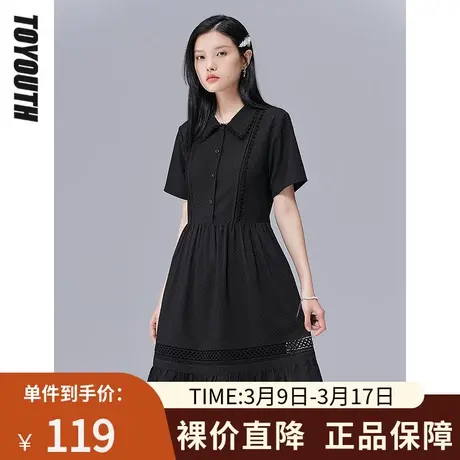 初语新款连衣裙女夏季蕾丝边装饰荷叶下摆设计polo领小黑裙图片