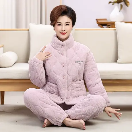 婷美新款中老年睡衣女士秋冬季三层加厚夹棉长毛绒家居服保暖套装商品大图