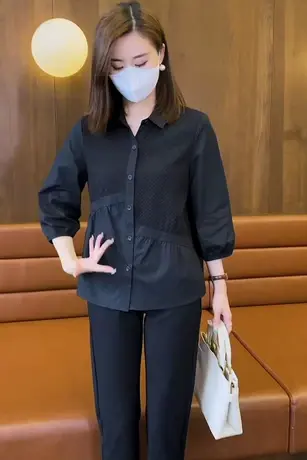 不规则衬衫女2023春秋季新款小众洋气百搭遮肚子七分袖上衣打底衫图片