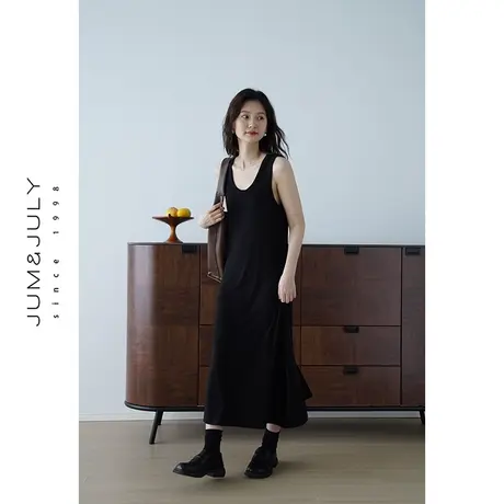 嘉茱莉2023秋季新款法式针织连衣裙女U型领A字裙无袖高腰针织长裙图片