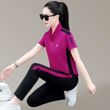 半拉链休闲运动服套装女士春夏洋气中年妈妈装修身显瘦天丝两件套图片