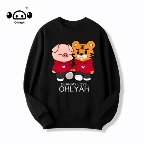 简约小虎小猪印花圆领薄款卫衣女宽松2020秋季新款潮牌情侣上衣图片