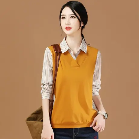 韩潮袭人2023秋装新款设计感小众假两件衬衣女拼接条纹衬衫领T恤图片